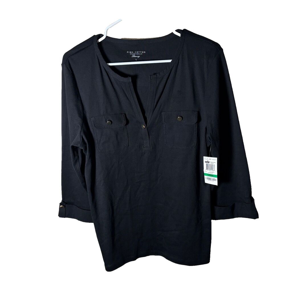 Charter Club Cotton Luxury 3/4 Sleeve V-Neck Popover Pocket Black Casual Top